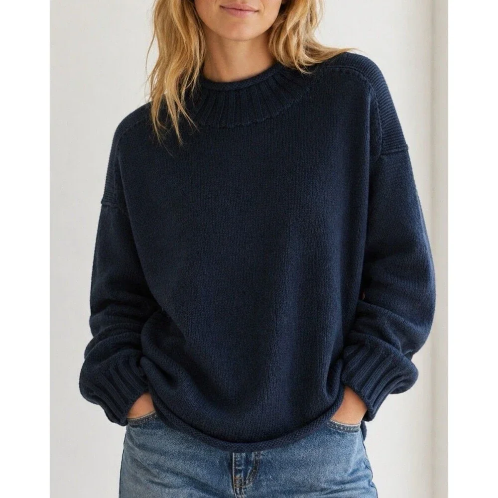 J Crew 2025 Rollneck Sweater Womens L Navy Blue 100% Cotton Coastal Minimalist